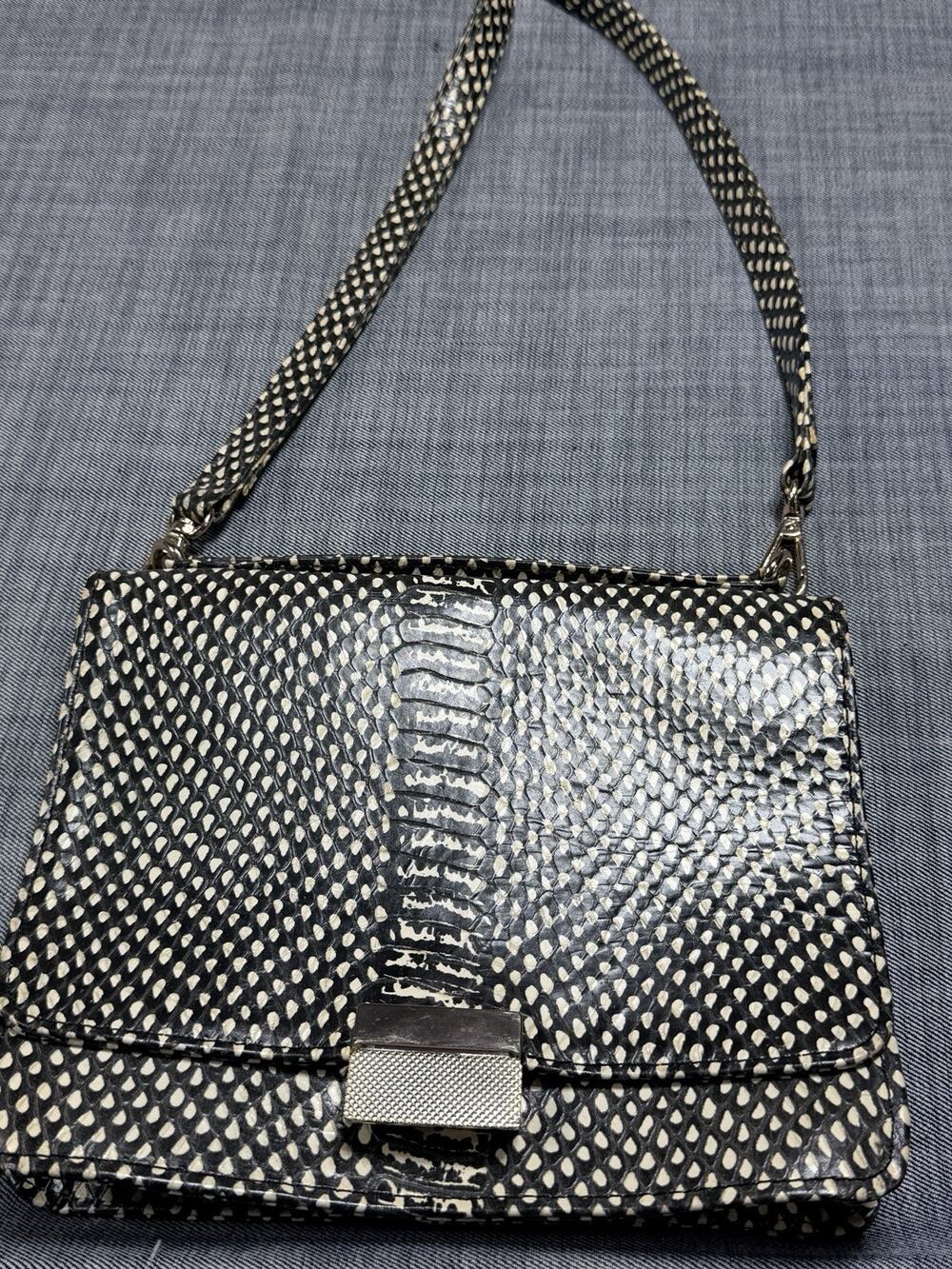 Lauren Merkin Black Cream Snakeskin Embossed Leather Crossbody Clutch Bag Purse